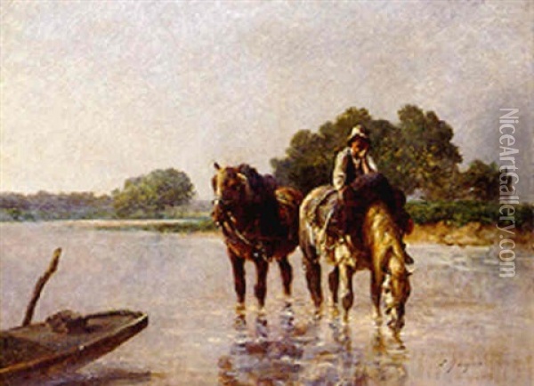 Draught Horses Fording A River Oil Painting - Emile Jacques
