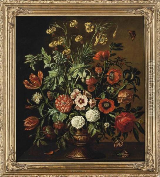 Carnations, Roses, Poppies, 
Tulips, Narcissi And Other Flowers In A Sculpted Vase On A Ledge, With A
 Butterfly Oil Painting - Jan Van Huysum