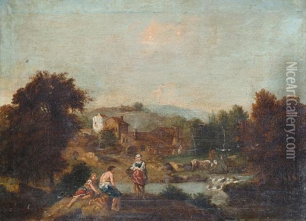 Figures In An Italianate Landscape' Oil Painting - Thomas Christopher Hofland