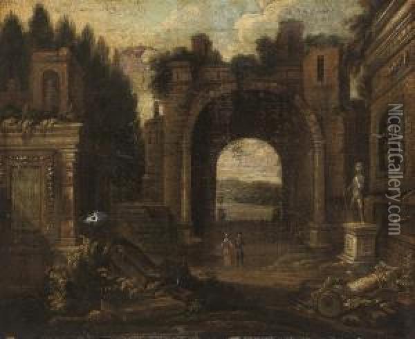 An Architectural Capriccio Of Classical Ruins Oil Painting - Jacobus Saeys