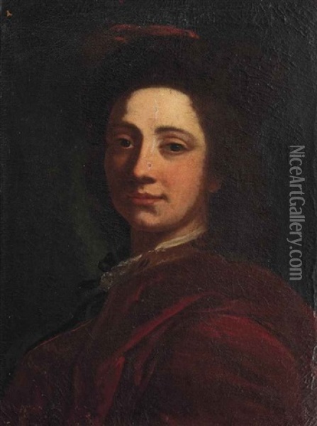 Portrait Of A Gentleman, Bust-length, In A Red Cloak And Hat Oil Painting - Cesare Dandini