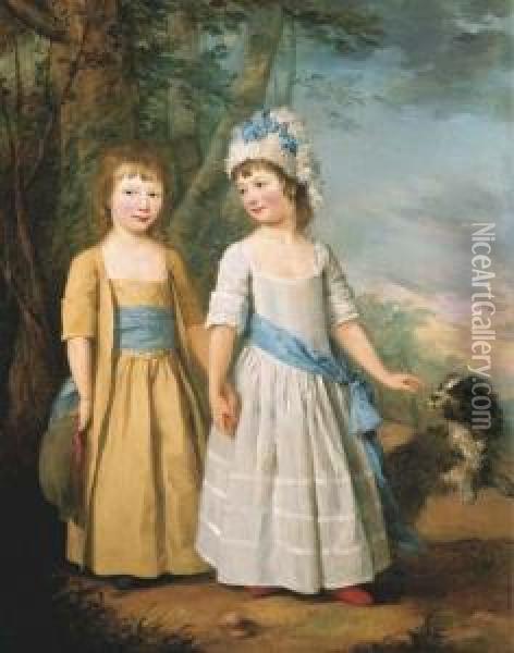 Double Portrait Of Elizabeth And
 Thomas Trower In A Landscape,full-length With A Dog, He In Light Brown 
Robes, She In A Whitedress And Hat With A Blue Ribbon Oil Painting - Hoare, William, of Bath