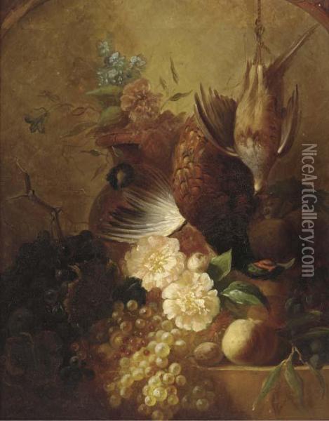 Grapes, Plums, A Peach, A Pheasant And Grouse, On A Marbleledge Oil Painting - James Poulton
