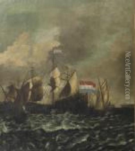 A Naval Battle Oil Painting - Jacob Adriaensz. Bellevois