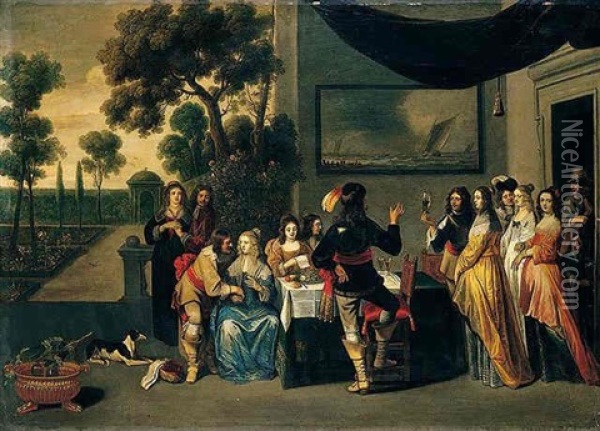 Elegant Company Drinking And Conversing On A Terrace Oil Painting - Christoffel Jacobsz. Van Der Lamen