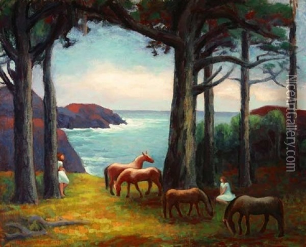 Figures And Horses In Coastal Landscape Oil Painting - Horatio Nelson Poole