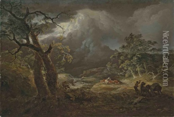 A Stormy River Landscape, With Herdsmen Oil Painting - Thomas Sautelle Roberts