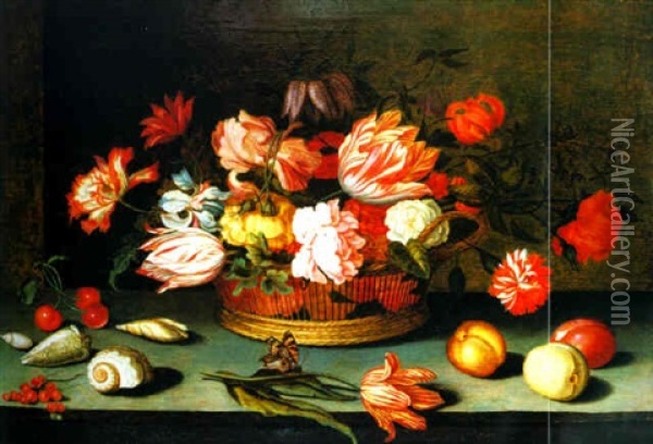 Stilleben Auf Einem Steintisch Mit Blumen In Einem Flechtkorb, Fruchten, Muscheln Und Schmetterling Oil Painting - Balthasar Van Der Ast
