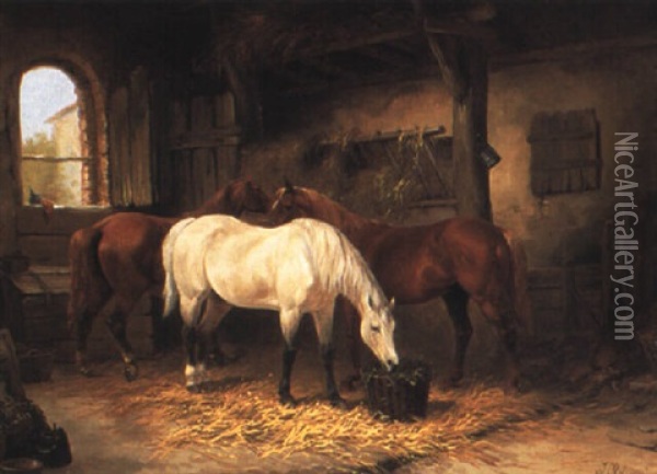Drei Pferde Im Stall Oil Painting - Julius Adam the Elder