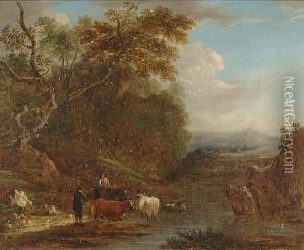 A Wooded Landscape With A Cowherd Watering His Livestock And Conversing With A Traveller Oil Painting - Benjamin Barker Of Bath
