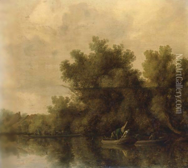 A River Landscape With Fishermen In Rowing Boats Lifting Traps Near A Bank, A Ferry With Cattle And A Farm Beyond Oil Painting - Salomon van Ruysdael