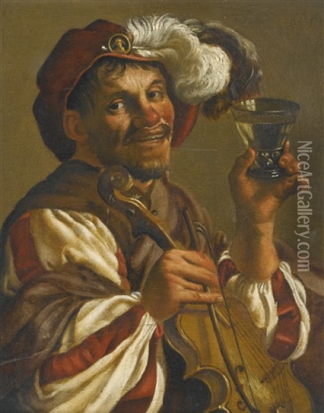 Man With A Glass And Violin (17th Century Engraving After Hendrik Terbrugghen By Theodor Matham) Oil Painting - Hendrick Ter Brugghen