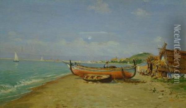 Pescadores Con Los Barcos Oil Painting - Enrique Florido Bernils