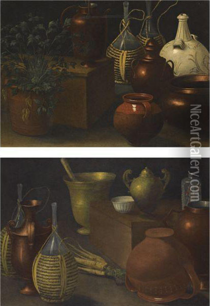 A Still Life With Two Wicker Covered Glass Bottles, A Jug, A Selection Of Other Pots And An Herbaceous Plant Oil Painting - Rodolfo Lodi