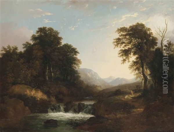 A Shepherd And His Flock By A River Oil Painting - William Traies