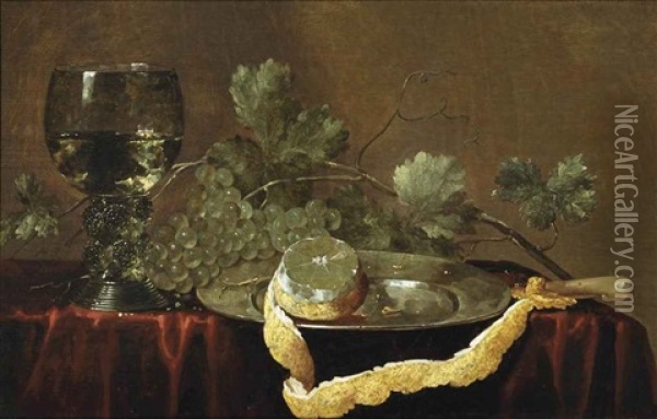 A Partially Peeled Lemon On A Silver Platter, A Knife, Grapes And A Roemer Of White Wine On A Draped Table Oil Painting - Abraham Susenier