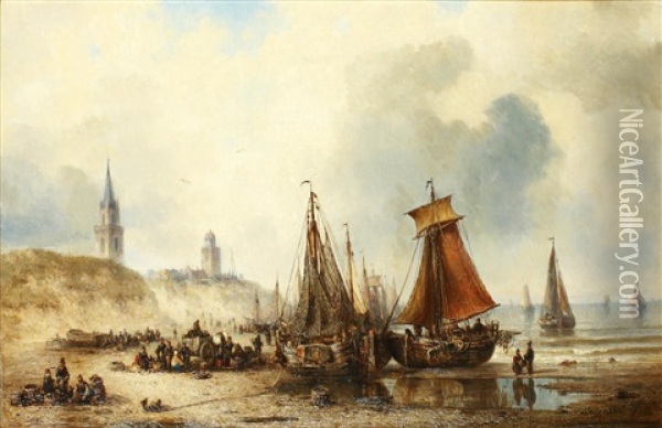 Fishing Boats Unloading On The Shore Oil Painting - Ludwig Hermann