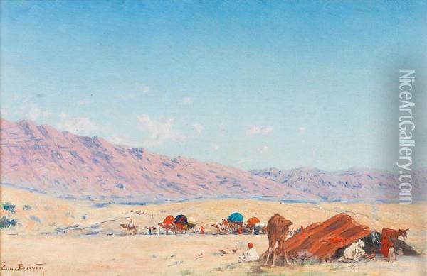 Passage De La Caravane Devant Un Campement. Oil Painting - Emile Boivin