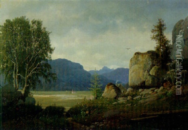 A Valley In A Rocky Landscape Oil Painting - Anton Edvard Kjeldrup