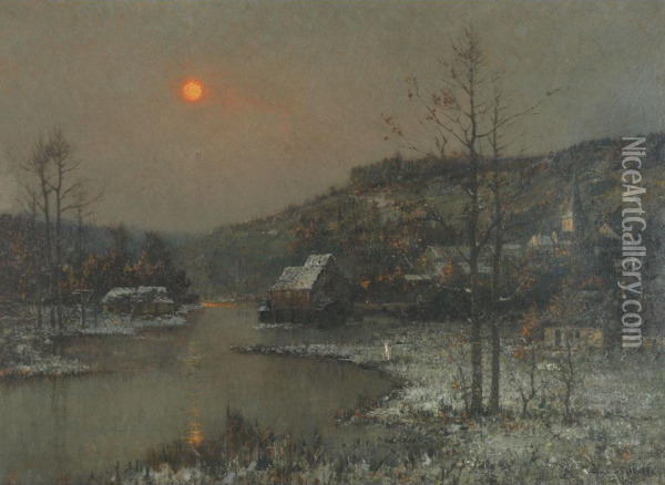 Snow Covered Village On The River, Evening Oil Painting - Rene Billotte