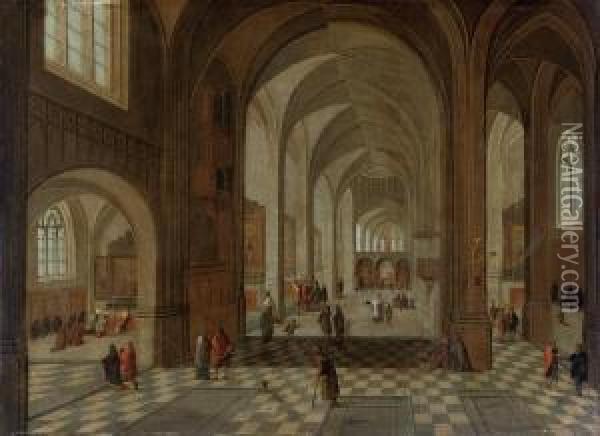An Interior Of A Gothic Church With Elegant Figuresconversing Oil Painting - Pieter Ii Neefs