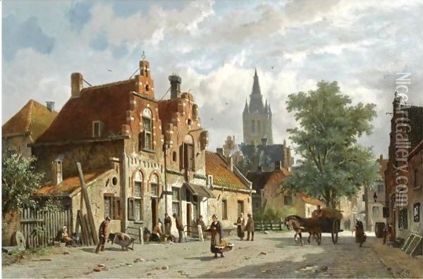 Figures In The Sunlit Streets Of A Dutch Town Oil Painting - Adrianus Eversen
