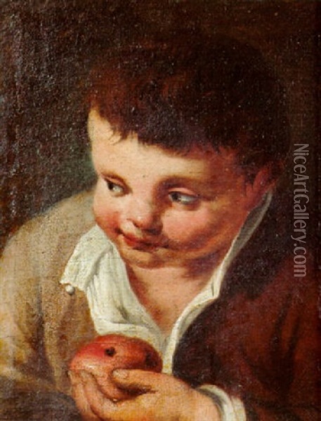 A Boy, Half Length, Holding An Apple Oil Painting - Antonio Mercurio Amorosi