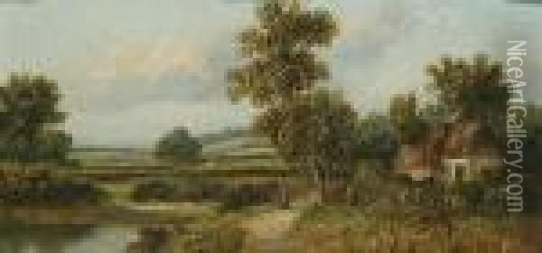 A River Landscape With A Figure By A Cottage Oil Painting - Joseph Thors