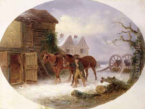 Boy leading horses to a barn in the snow Oil Painting - Thomas Smythe