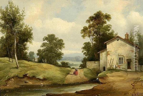 The Cottage By The Ford Oil Painting - A.H. Vickers