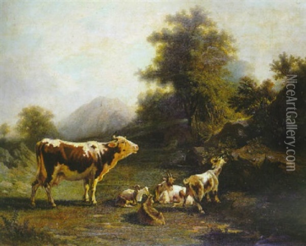 Vache Et Chevres Dans Un Paysage Oil Painting - Jacques Raymond Brascassat