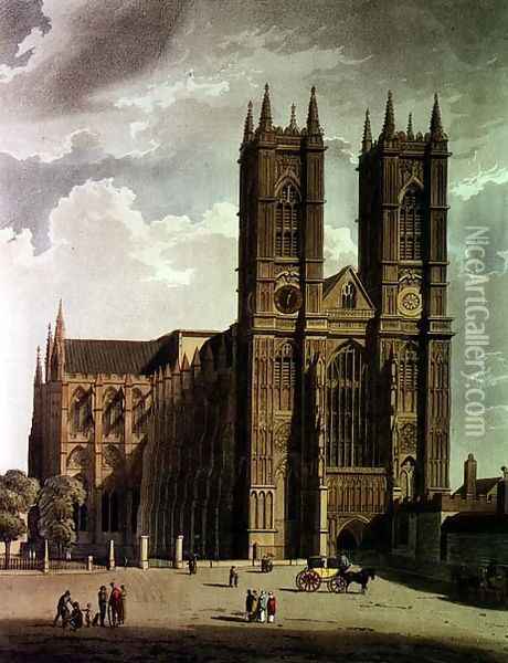 The West Front, plate 2 from Westminster Abbey, engraved by J. Bluck fl.1791-1831 pub. by Rudolph Ackermann 1764-1834 1811 Oil Painting - Augustus Charles Pugin