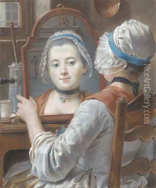 A girl wearing a bonnet, looking at herself in a mirror Oil Painting - French School