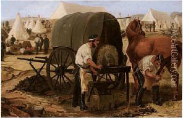 Farriers Of The 17th Lancers Shoeing A Horse With The Aid Of A Mobile Forge, Circa 1845 Oil Painting - Herny Jr Alken
