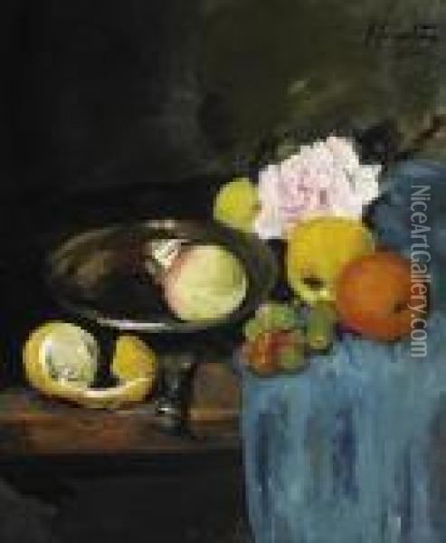 Roses And Fruit Oil Painting - George Leslie Hunter