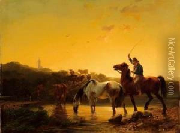 Hirt Zu Pferd Mit Seiner Herde An Einer Furt. Oil Painting - Rudolf Koller