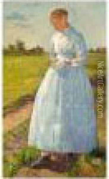Dachauer Madchen Im Einsegnungskleid (girl From Dachau In A Confirmation Dress) Oil Painting - Adolf Hoelzel
