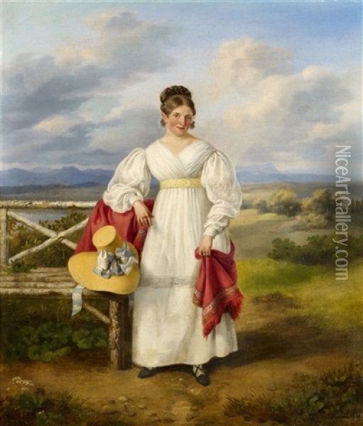 Bidnis Einer Eleganten Dame In Einer Weiten Landschaft Oil Painting - Johann Philipp Heinel
