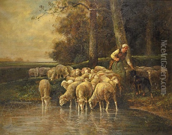 Untitled - Shepherd Watering The Flock Oil Painting - Charles Emile Jacque