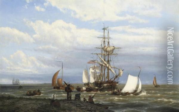 A Busy Estuary Oil Painting - Johannes Hermann Barend Koekkoek