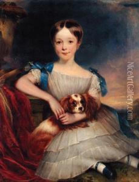Portrait Of A Young Boy, Thought
 To Be Sir John Pitfield, Seatedfull-length, In A White Dress With Blue 
Ribbons, A Toy Spaniel Onhis Lap, A Landscape Beyond Oil Painting - John Graham Gilbert