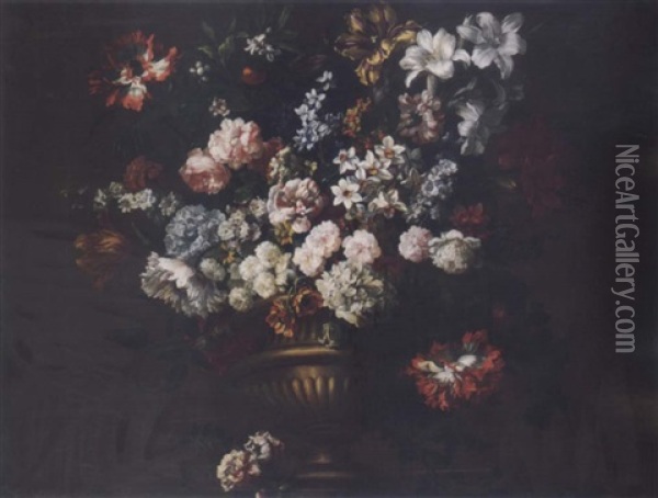 Still Life Of Flowers In A Stone Vase Oil Painting - Jean-Baptiste Monnoyer