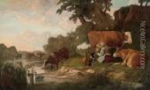 A River Landscape With Cattle Watering And A Milkmaid Oil Painting - Aelbert Cuyp