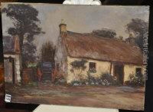 A Thatched Cottage With Summer Flowers In Cart Oil Painting - Alexander Brownlie Docharty