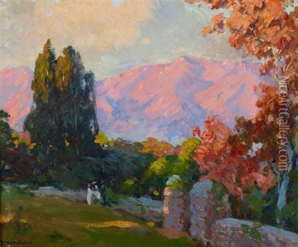 Figures In An Autumn Landscape At Dusk Oil Painting - Jean Mannheim