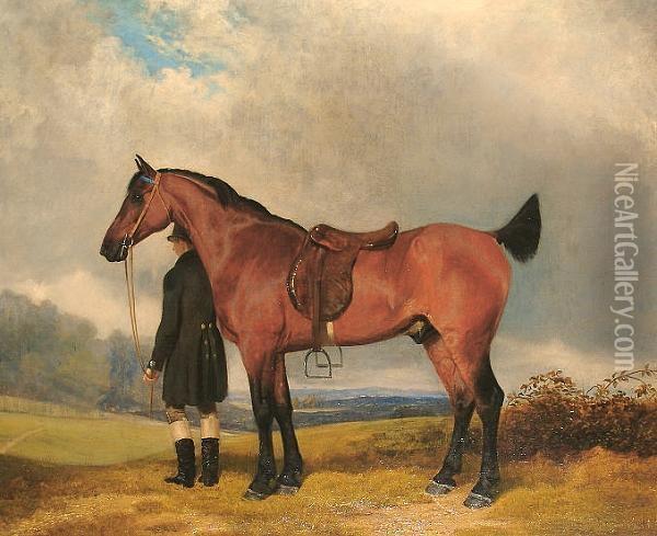 A Hunter And A Groom In A Landscape. Oil Painting - Thomas Gooch