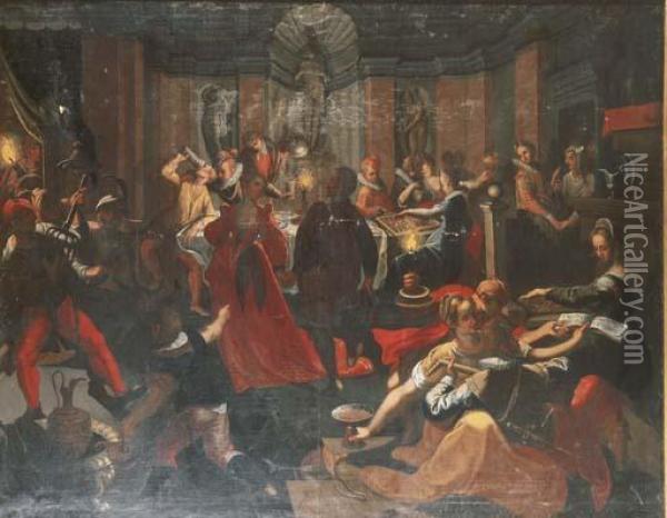 Elegant Figures Making Merry In A Palacial Interior At Night As Mascarades Enter Oil Painting - Hans Von Aachen