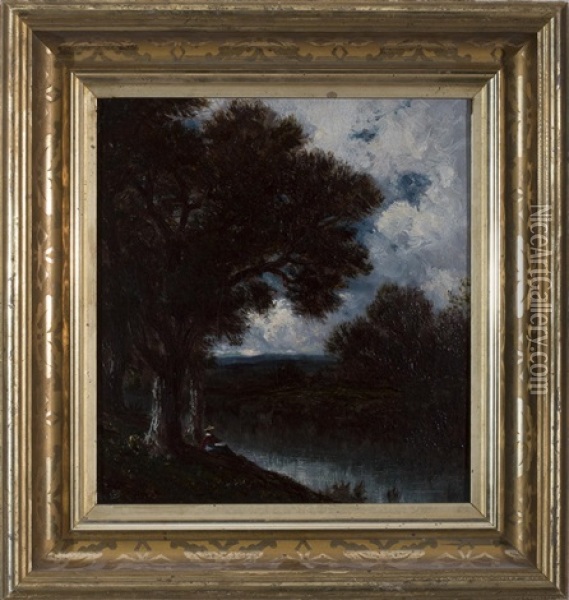 Figure Sitting Under A Tree By A Stream Oil Painting - David Johnson