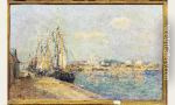 Le Port De Saint-gilles-croix-de-viehuile Sur Toile Signee En Bas A Gauche. Oil Painting - Edmond Marie Petitjean