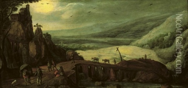An Extensive Landscape With Travellers On A Bridge, Mountains Beyond Oil Painting - Joos de Momper the Younger